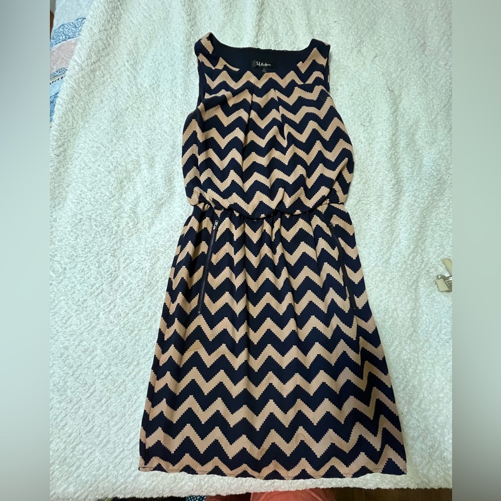 S.L. Fashions Navy Dress with Beige Accent